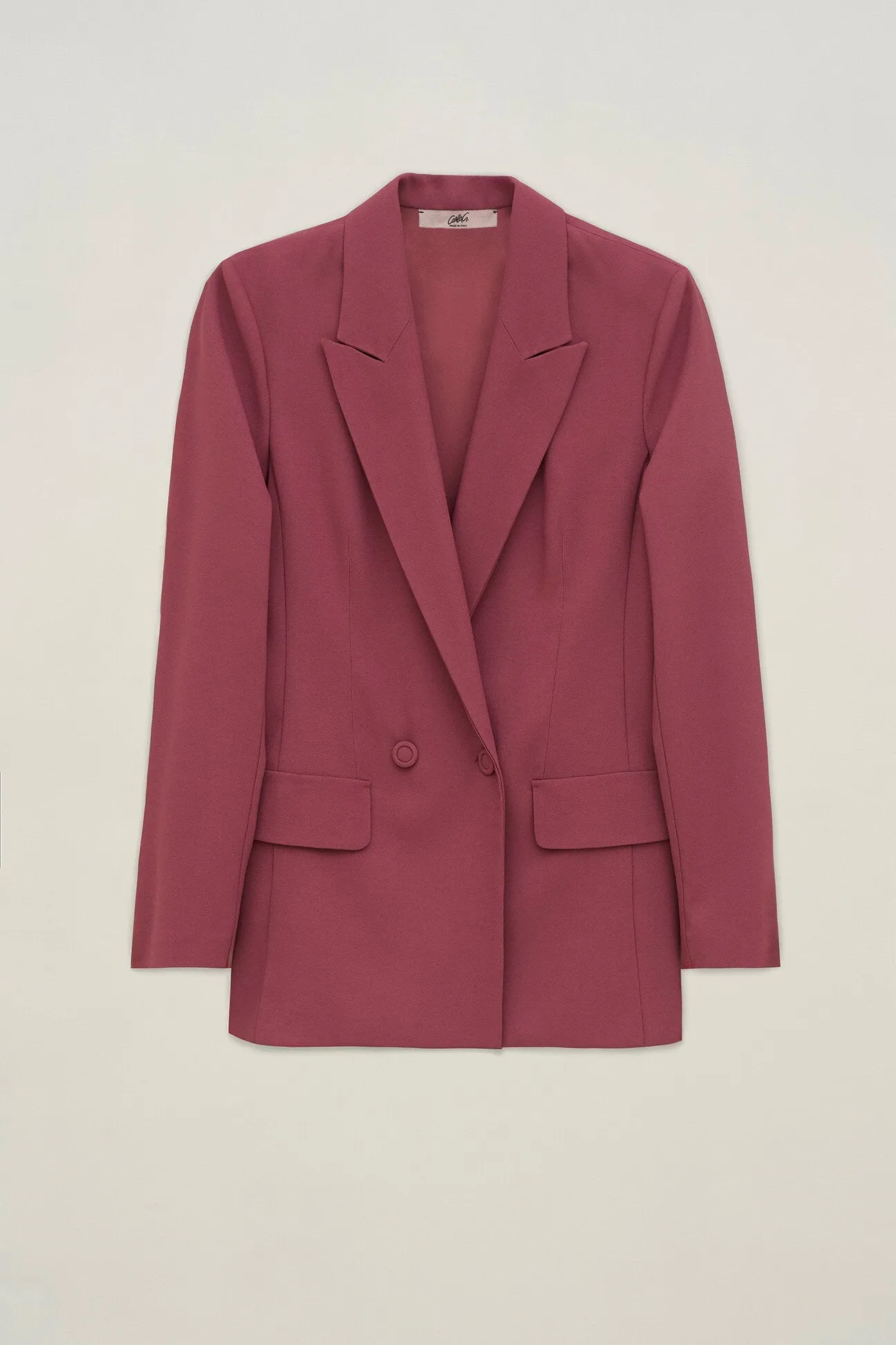 Blazer doppiopetto in crepe di viscosa elasticizzato con bottoni ricoperti bounganville