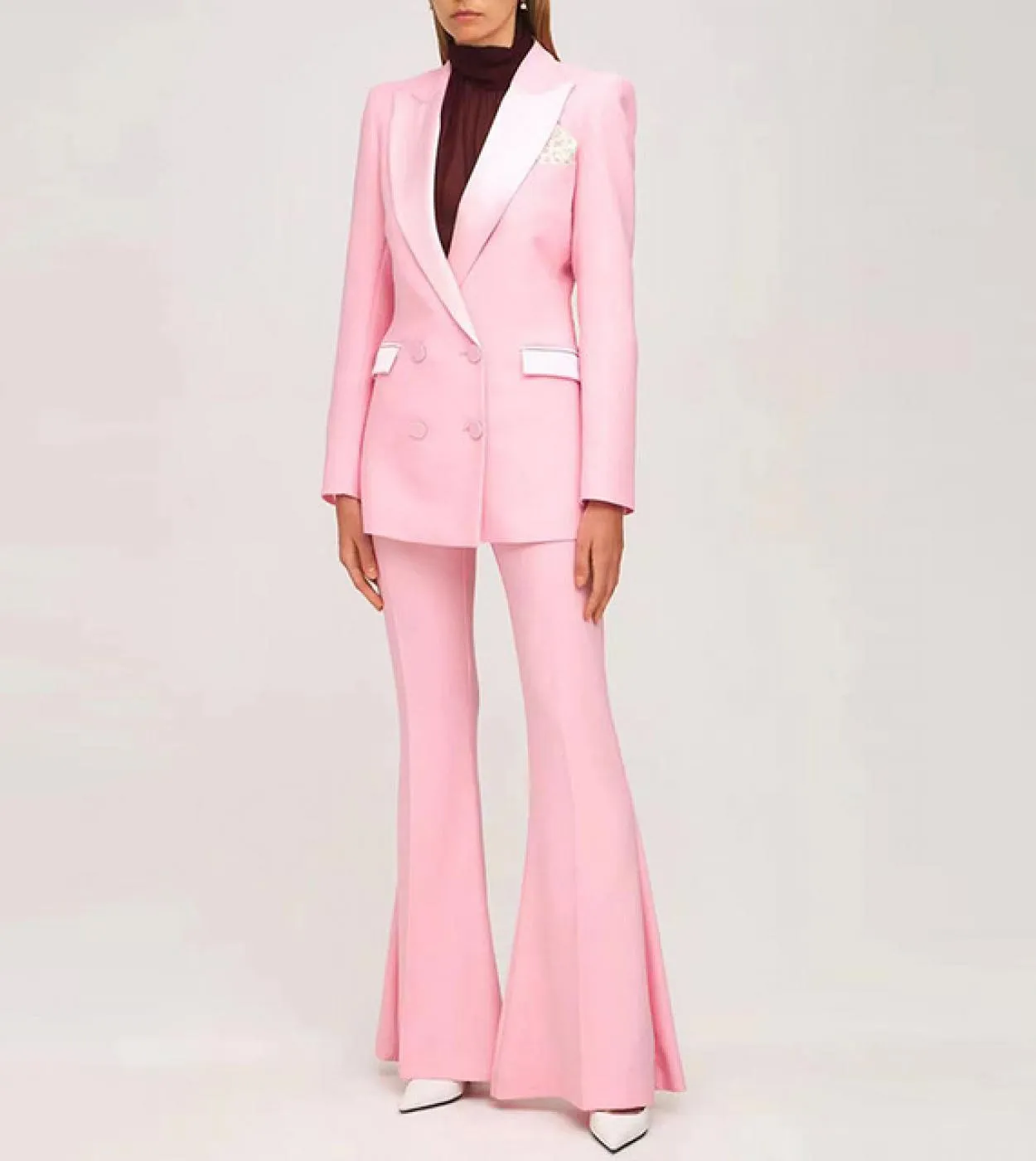 Blazer Pantalone Set 2 pezzi Rosa Donna Business Doppiopetto Bottone Pantaloni svasati Blazer Pantaloni Abito formale Alta quali