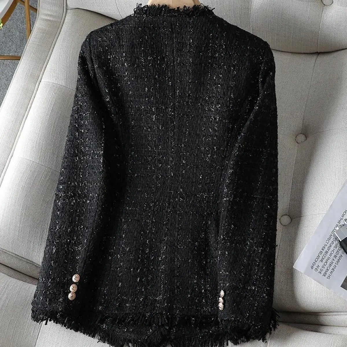 Giacca casual monopetto a maniche lunghe da donna da donna autunno inverno nero bianco scozzese con scollo a V decorazione con b