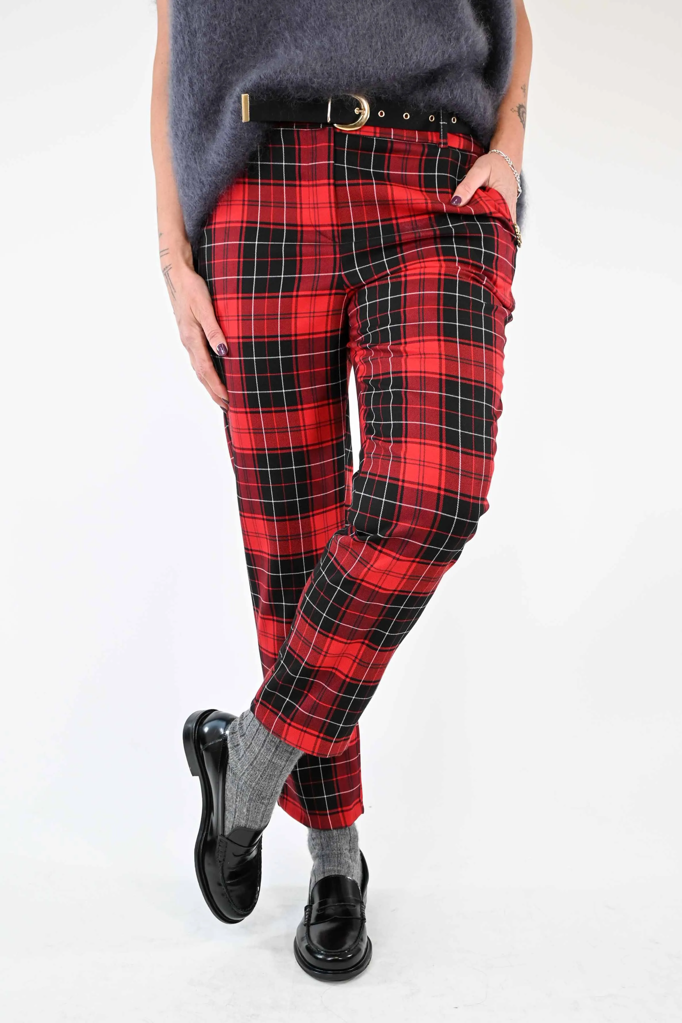 PANTALONE A SIGARETTA SCOZZESE ROSSO/NERO