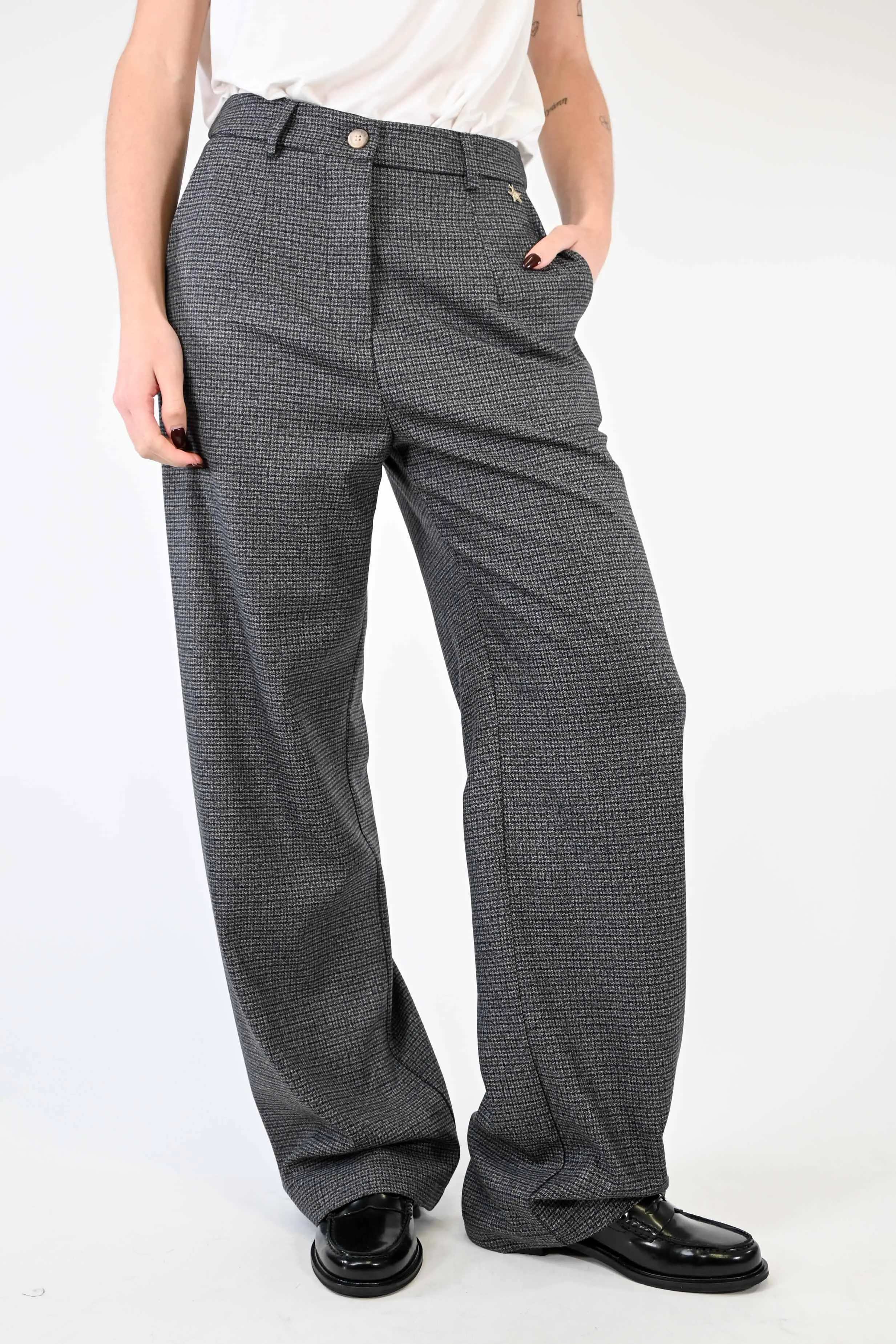 PANTALONE PALAZZO FANTASIA PIED DE PUOLE BLU/GRIGIO